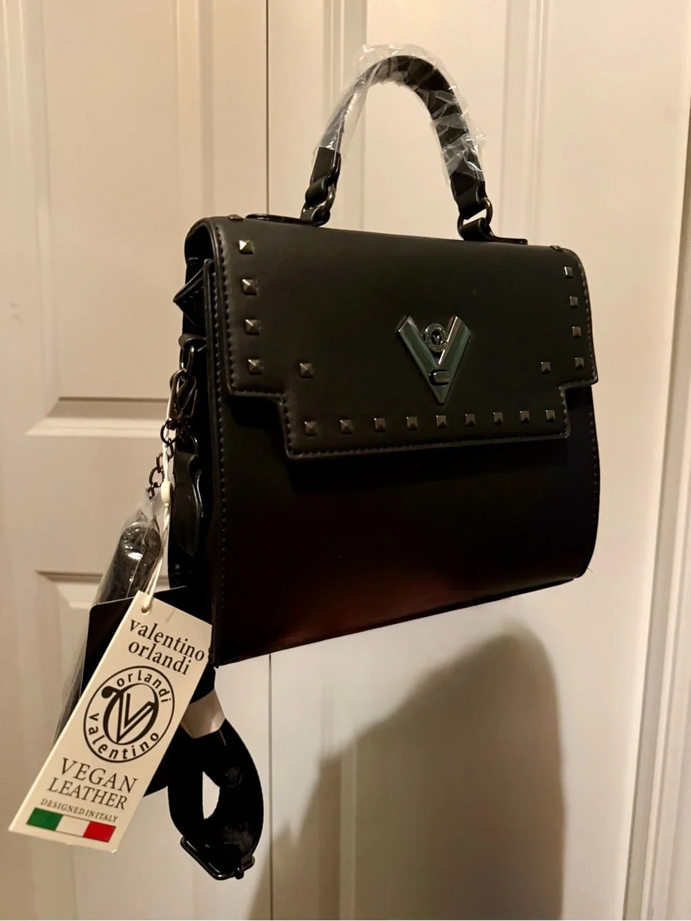 Valentino Orlandi Black Crossbody Satchel with Stud Accents and Mini Wallet
